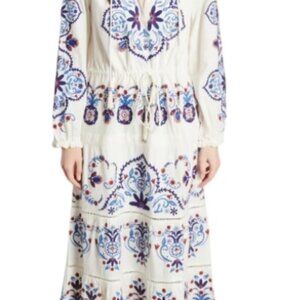 FARM Rio Midi Dress Long Sleeve White with Navy Embroidery - Large NWT
